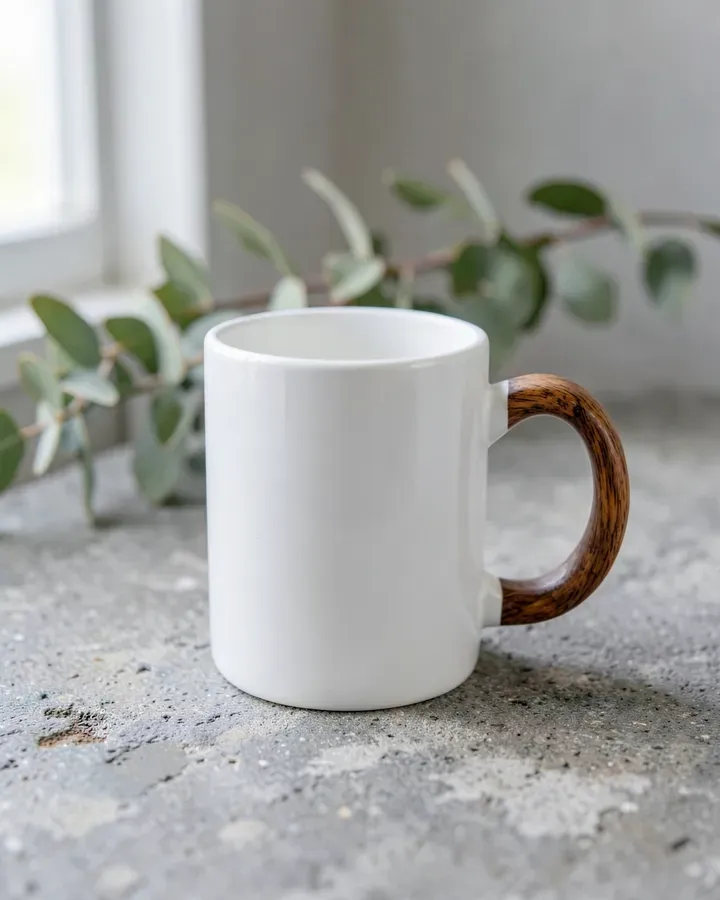 White mug with a wooden handle on a concrete table
